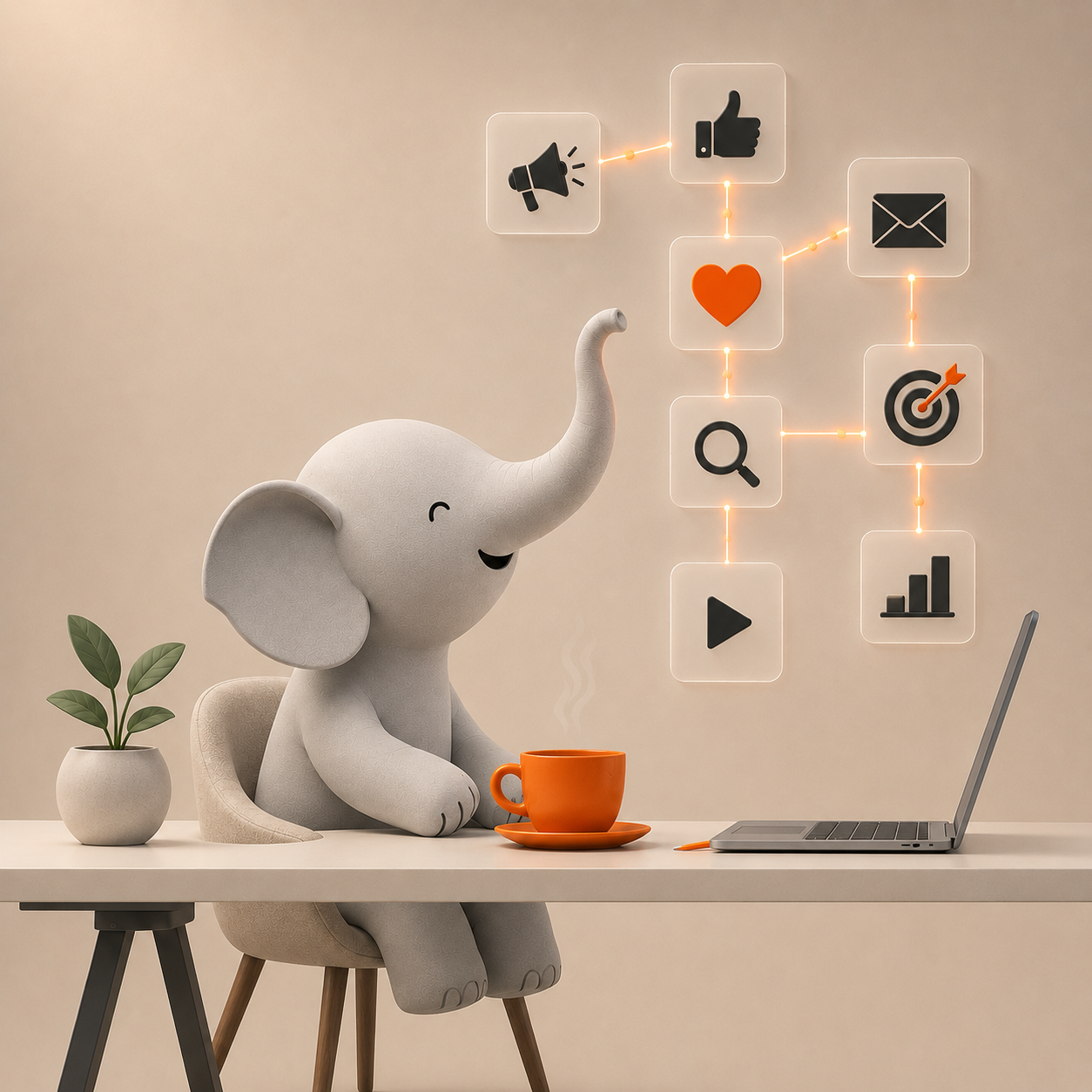 Illustration of the Trunk Solutions elephant at a desk surrounded by marketing icons