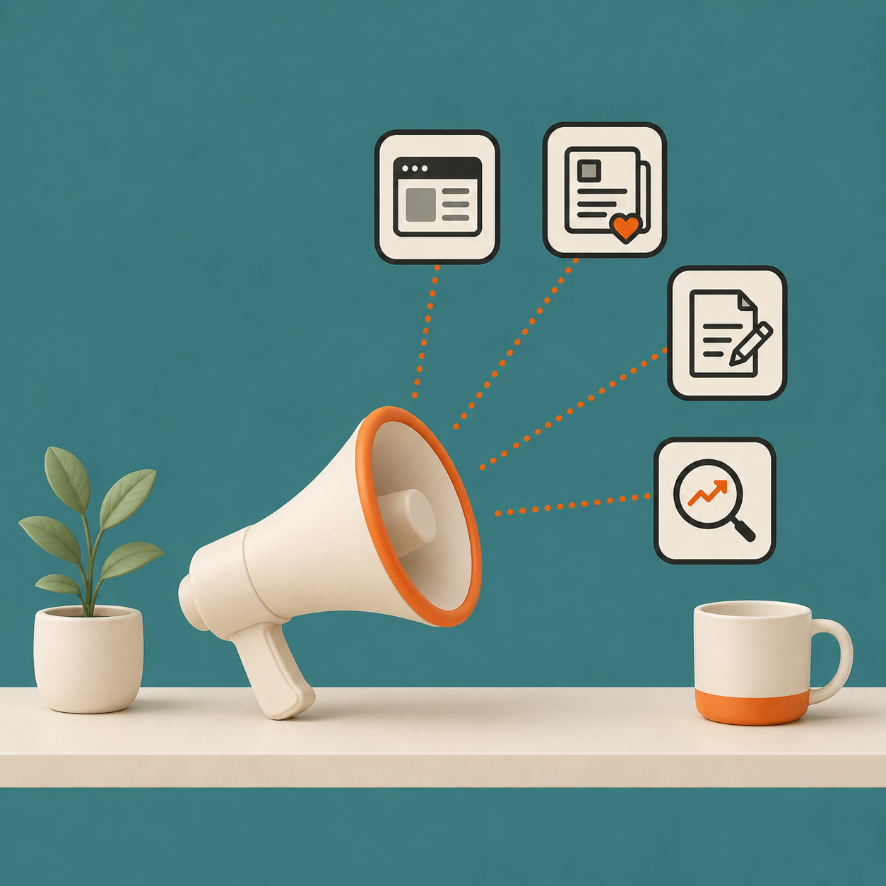 Illustration of a megaphone surrounded by marketing service icons