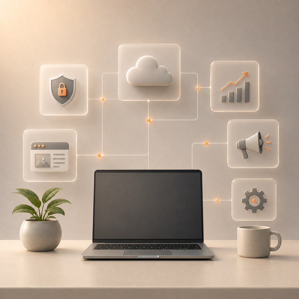 A laptop on a desk connected to icons for security, cloud, analytics, web and marketing